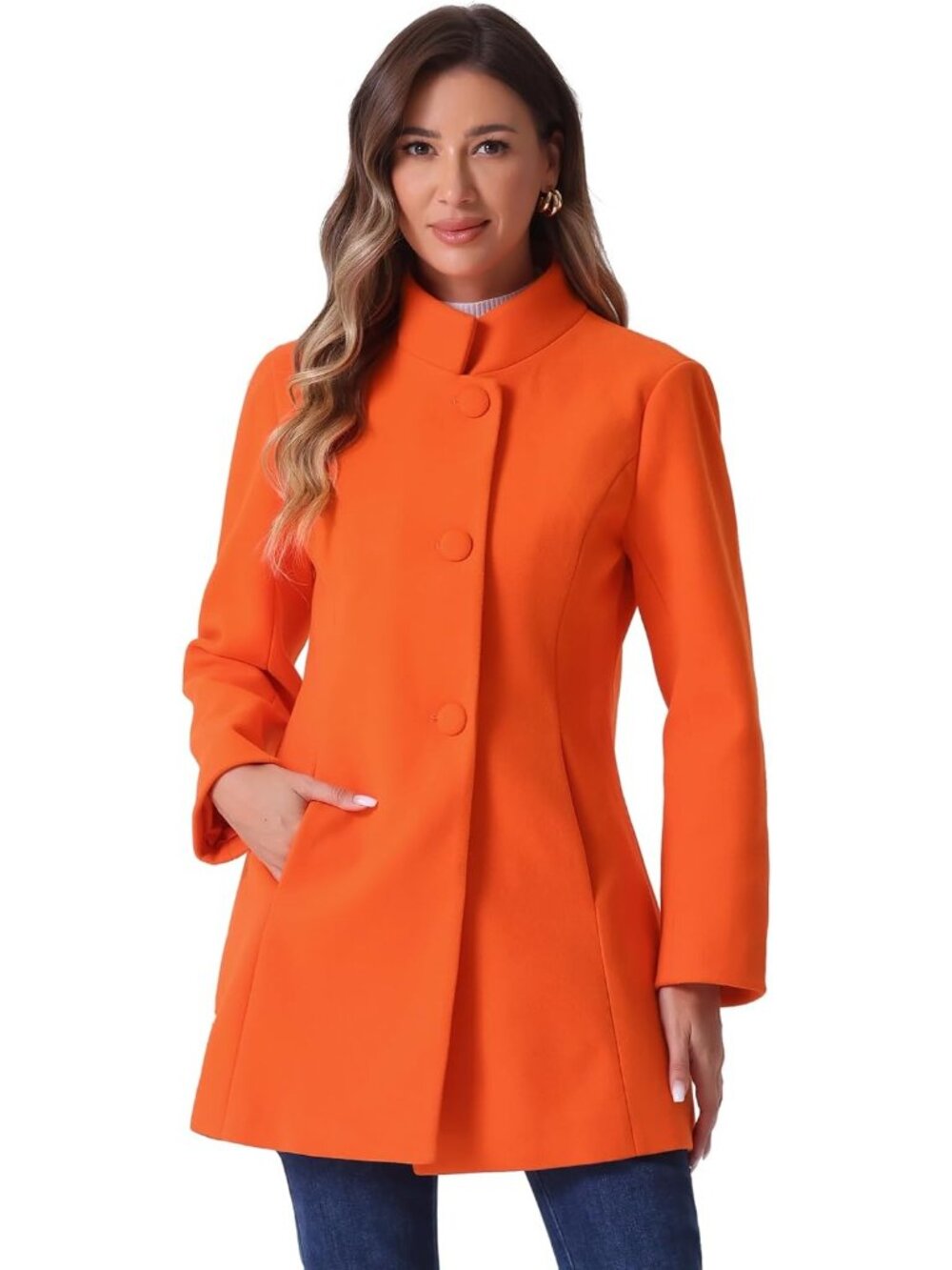 Womens Orange Mid-long Stand Collar Single Breasted Loose Fit Winter Trench Coat